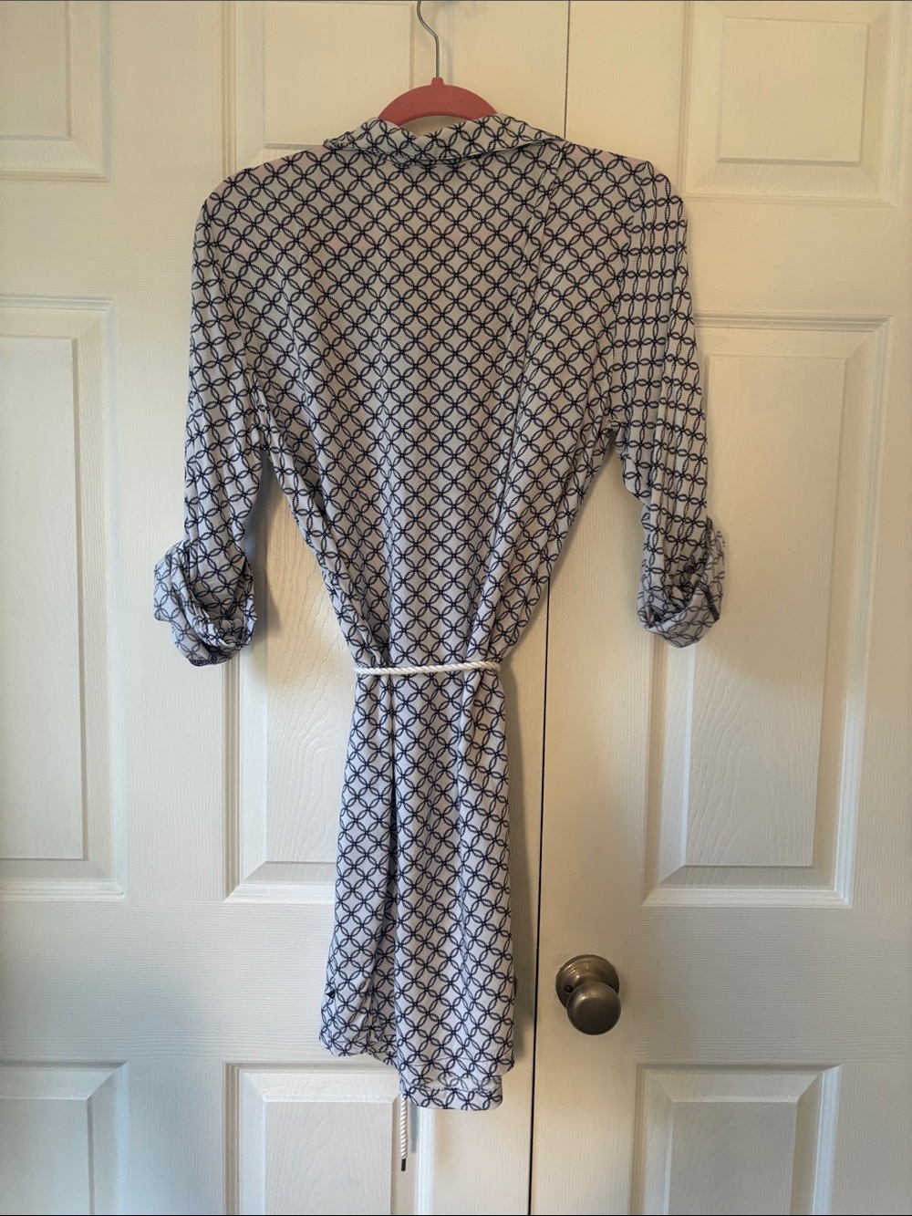 Nautica Navy & White Geometric Print Tie Waist Midi Shirt Dress | Size S - Picture 5 of 8